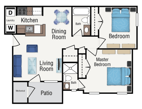 Floor plan for 2 beds, 2 baths, 975 sqft